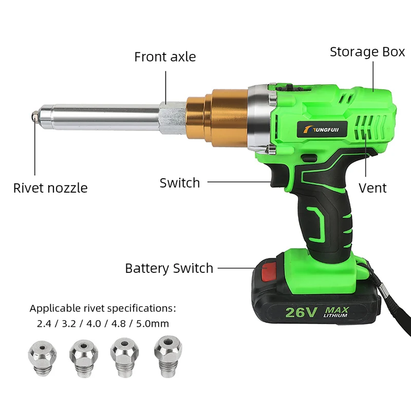 Riveter Gun 26v 3000mAh Cordless Electric Rivet Gun Electric Blind Support 2.4mm-5.0mm Rivet With LED Light 2 batteries