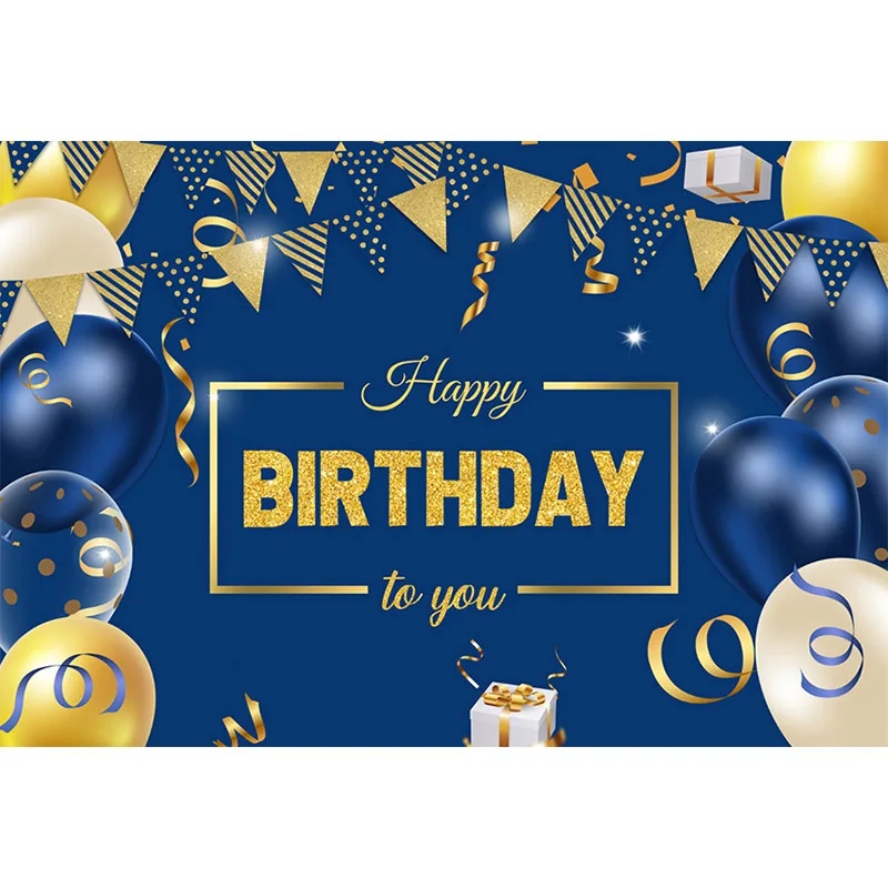 Avezano Fotografie Achtergrond Goud Blauw Ballonnen Vlag Confetti Jongen Man Volwassenen Verjaardagsfeestje Achtergrond Fotostudio Photophone