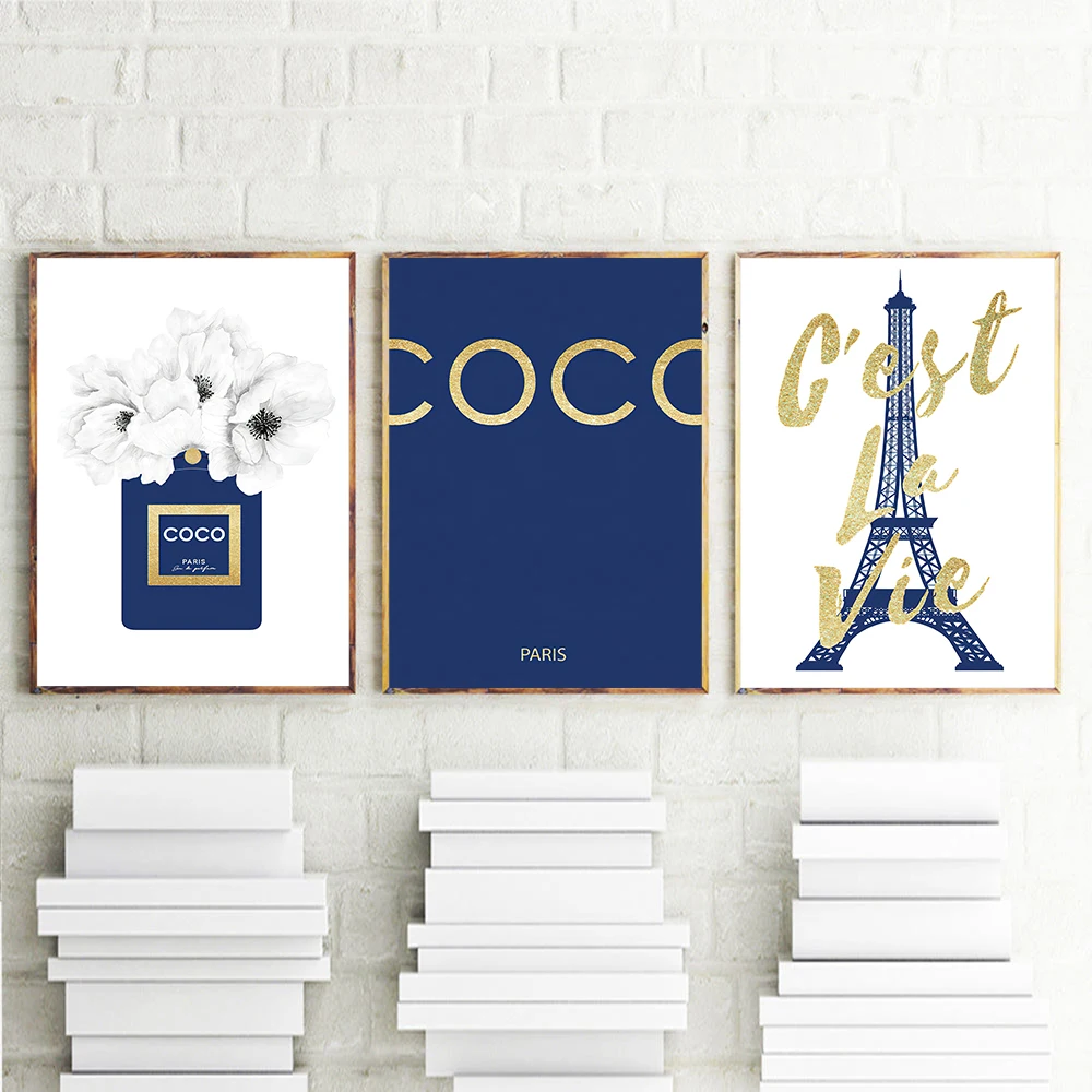 

Fashion Flower Perfume Poster And Print Coco Eiffel Tower Wall Art Canvas Painting Navy Blue Pictures For Living Room Home Decor