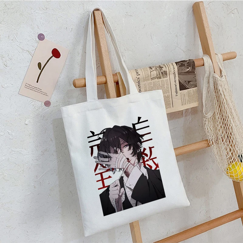 Women Bungo Stray Dog Japanese Anime Black Cotton Canvas Shopper Bag Girl Harajuku 90s Y2K Classic Vintage Shoulder Handbag