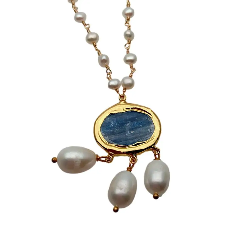 YYGEM Natural Cultured White freshwater Pearl Rosary Chain Necklace Blue Kyanite Rice Pearl Pendant 18\