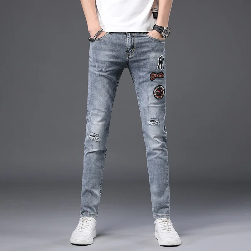 

New Style Europe High-end Men's Tight Jeans Embroidery Blue Quality Tousers Fashion Printing Comfortable Straight Denim Pants