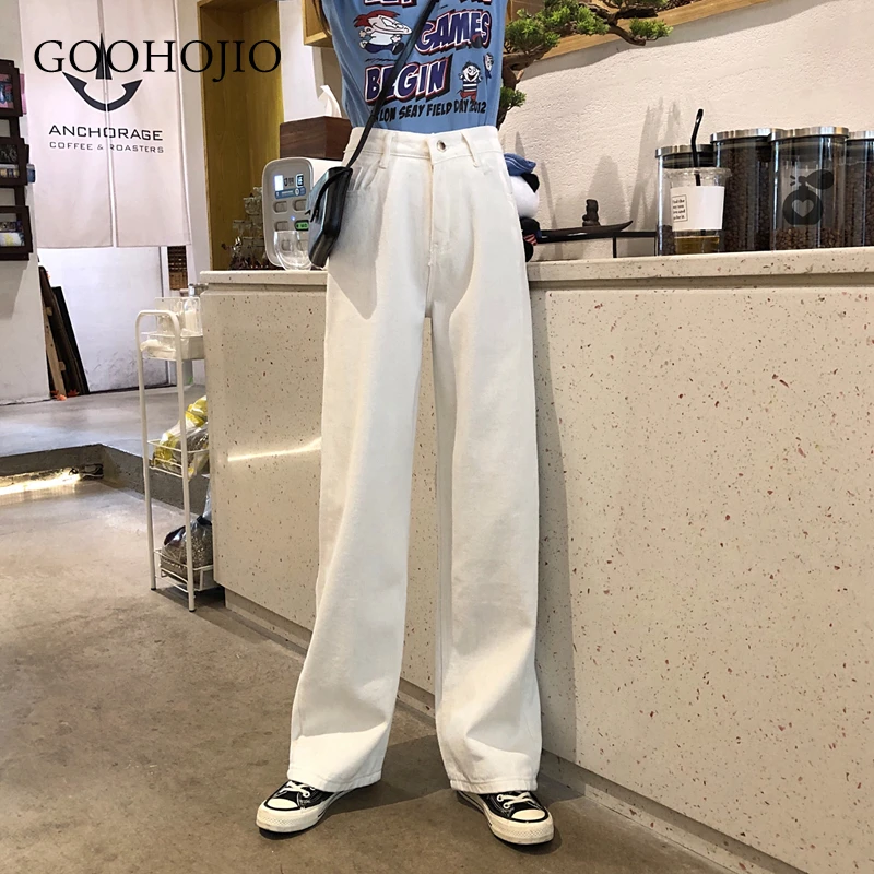 

GOOHOJIO 2021 New Spring and Autumn Solid Color Chic Jeans Women Straight Cowboy Trousers High Waist Wide Leg Pants for Women