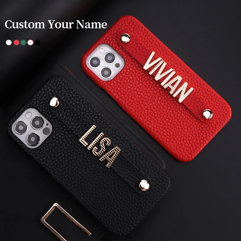 Luxury Pebble Leather Cowhide Phone Case Personalized Name Striped Metal Letter iPhone15 14 13 12ProMax 14 15Plus