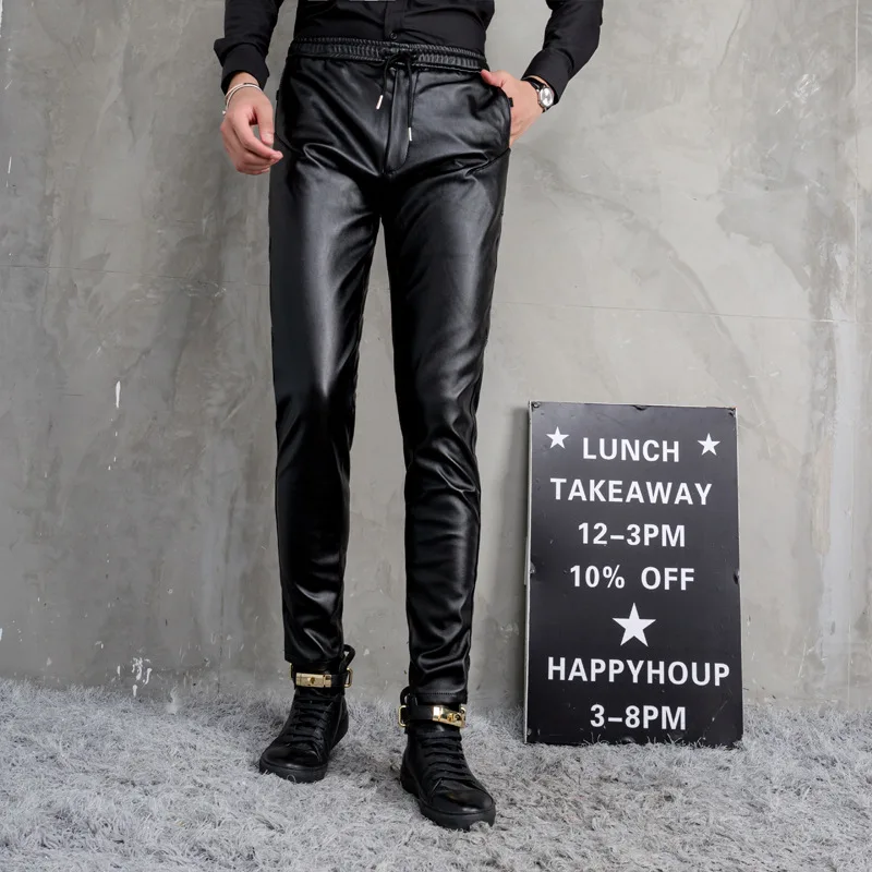 

Brother Meng Casual Leather Pants Men Black Elastic Waist Tappered Pants Men's Autumn and Winter Waterproof PU Leather Trousers