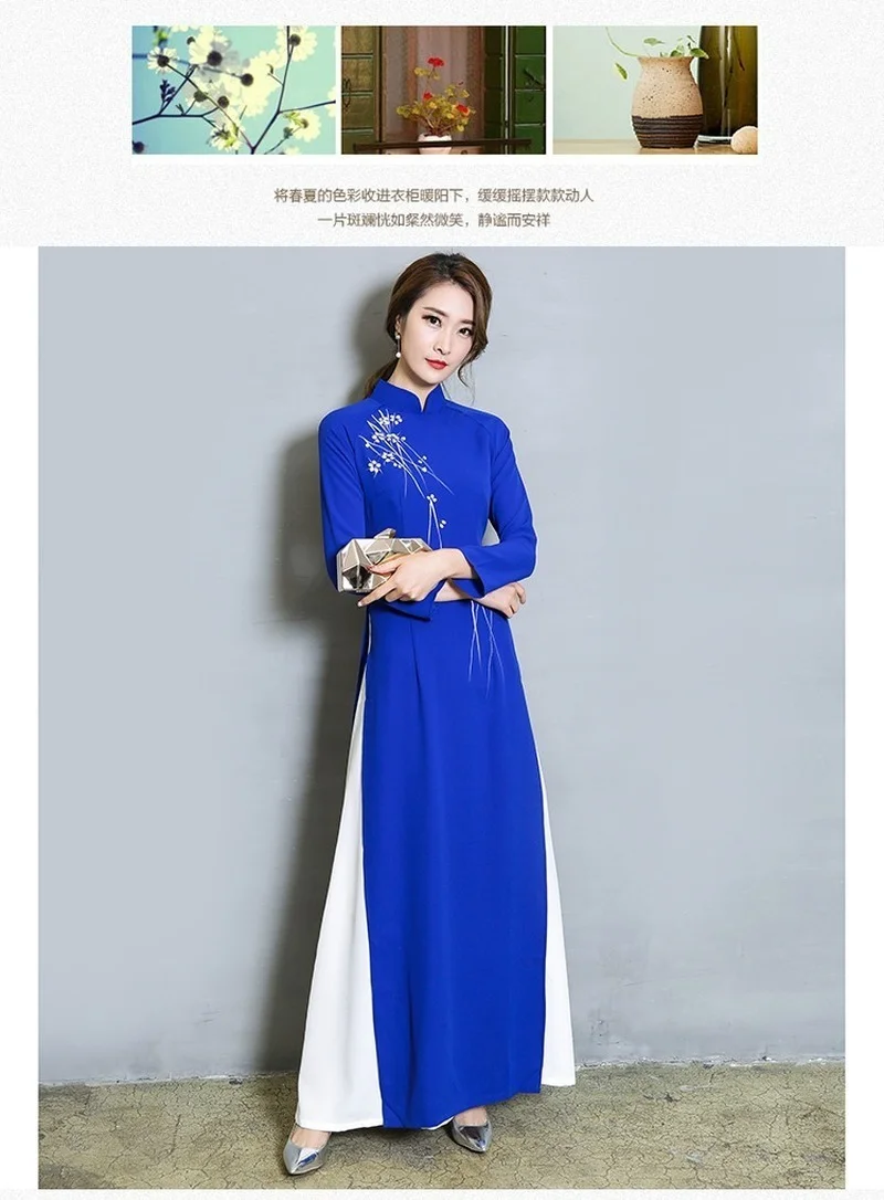 Vietnam Ao Dai Patchwork Tight Dress for Woman Chinese Traditional Costumes Qipao Cheongsams Flower Female Oriental Outfits