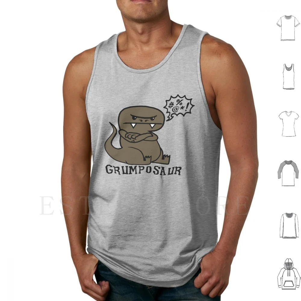 Grumposaur Tank Tops Vest Cotton Dinosaur Cute Angry Fun Cartoon Hero Agressive Funart Grumposaur Green Teeth Sharp Cave