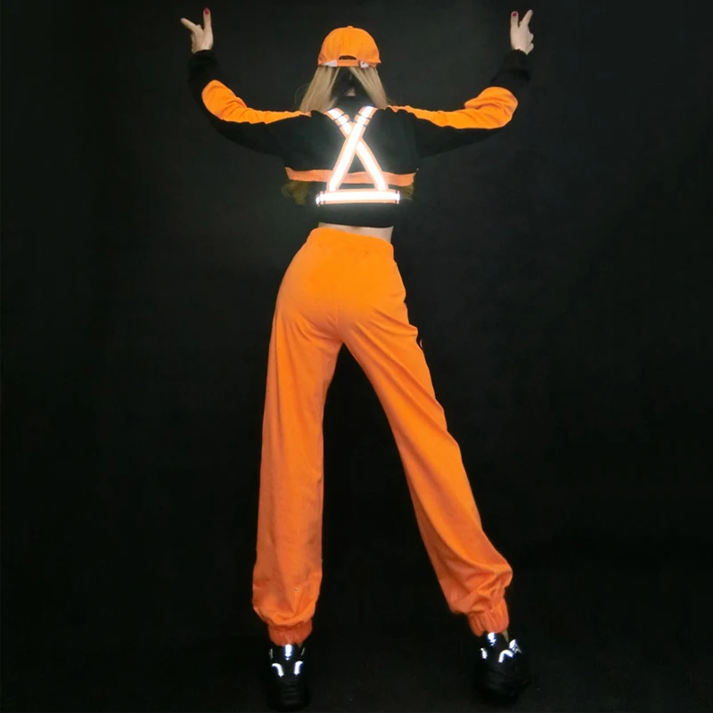 2021 Hip Hop Dance Costumes For Adults Orange Hiphop Suit Reflective Tape Women Gogo Dance DJ DS Costumes Rave Clothes SL4329