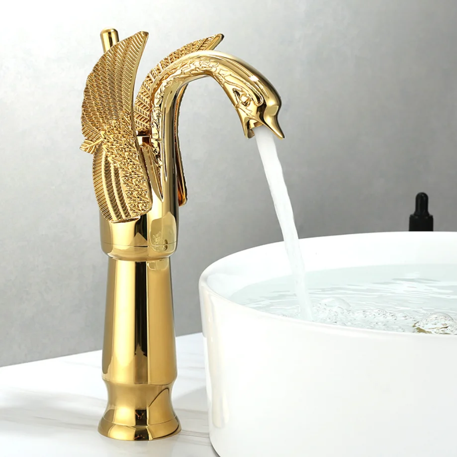 Basin Faucets High Swan Faucet Luxury Wash Bathroom Mixer Taps Brass Hot And Cold Taps Gold Plated Single Hole Tap JM-66