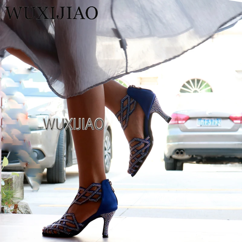 WUXIJIAO-Zapatos con diamantes de imitación negros para mujer, zapatillas de Jazz, zapatos de baile de tacón alto con diamantes de imitación, zapatos de baile latino