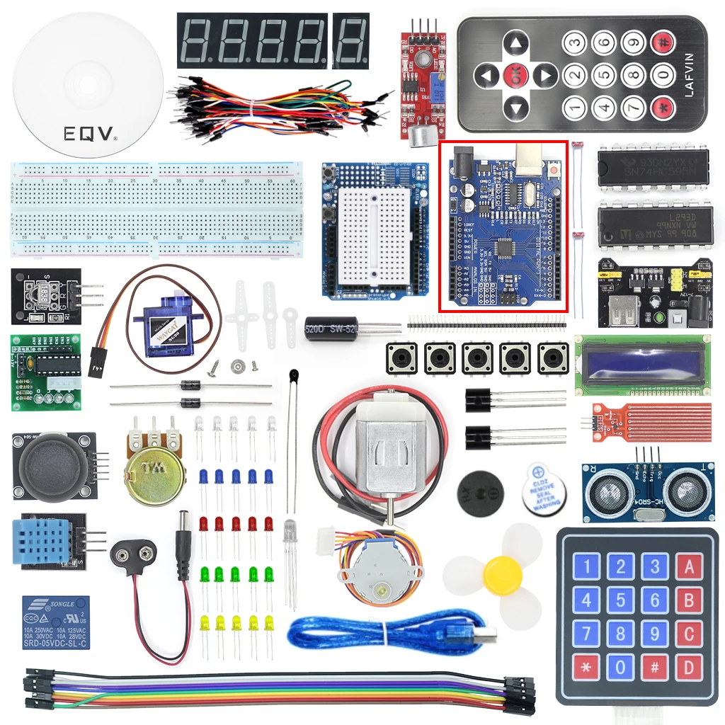 EQV Super Starter Kit for Arduino UNO R3 - Uno R3 Breadboard / Step Motor / SG90 Servo / 1602 LCD / jumper Wire / CD Tutorial