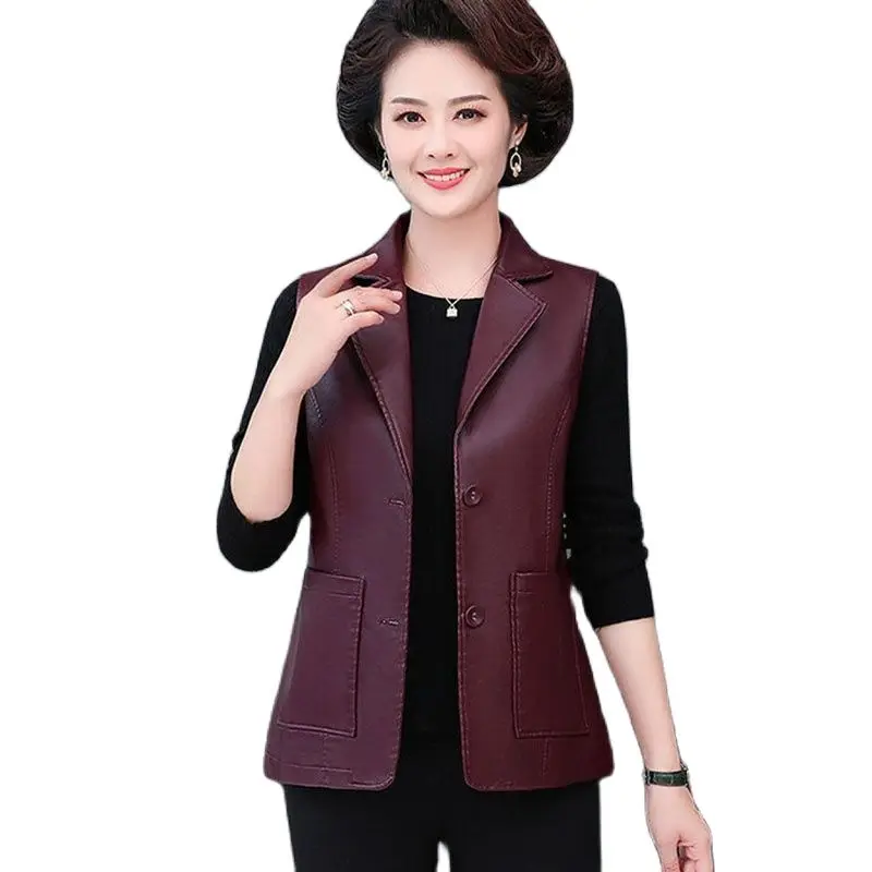 Spring Autumn New Imitate Real Leather Vest Short Ladies Jacket Single-Breasted PU Leather Mother Female Fashion Slim Vest Coat