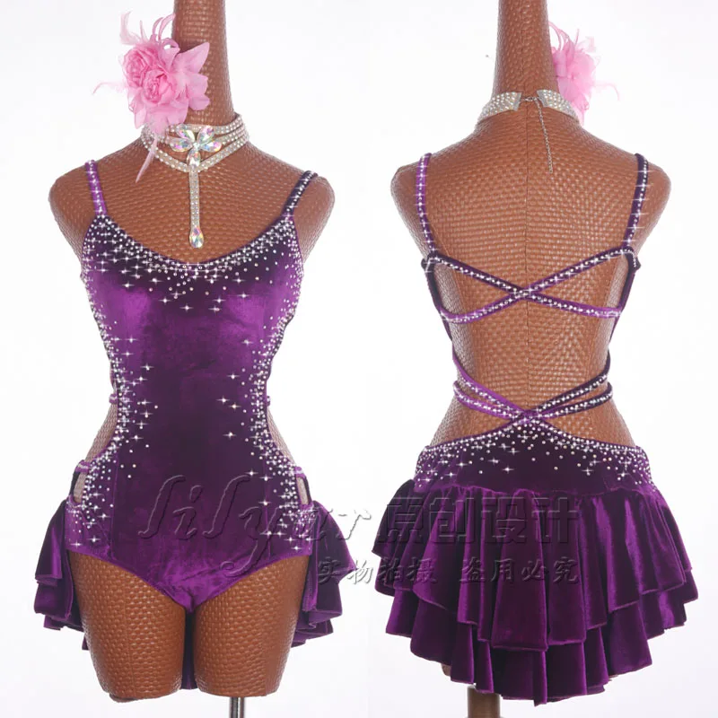 3pcs/set Latin dance Dress Latin Dance Costume New Velvet Tie Purple Dress Sets Purple Dance Clothes Women