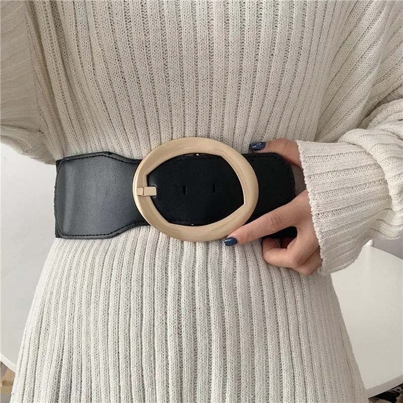 Kadın geniş kemer moda elastik Vintage toka PU deri vahşi Pin toka kemer ayarlanabilir Ceinture Femme Fajas elbise kemeri