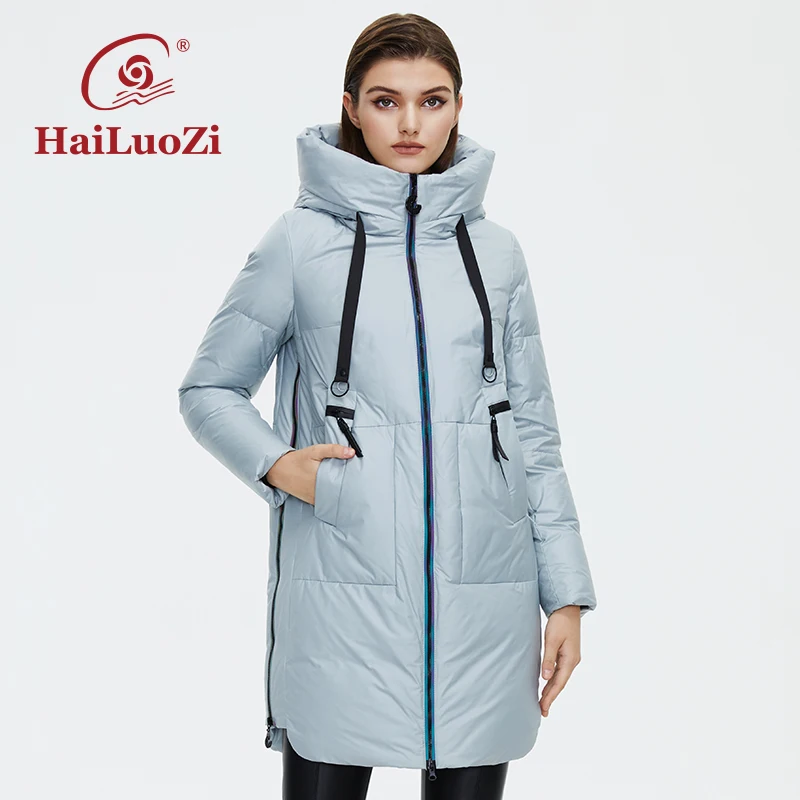 HaiLuoZi Women's Winter Jacket Long Thick Fashion Side Zipper Women Coat High Neck Hooded Unique Design Bio-cotton Parka 6028