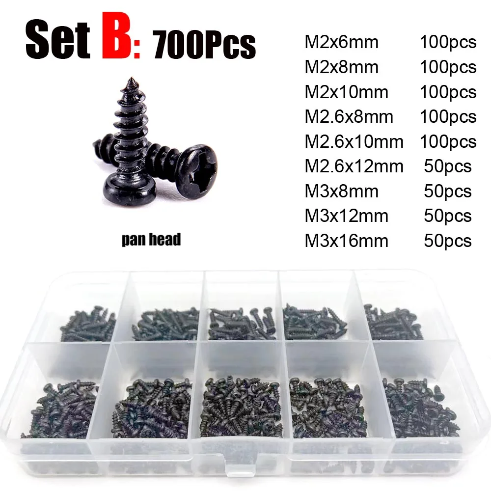 700/2010pcs M1 M1.2 M1.4 M1.7 M2 M3 M4 Black Steel Small Micro Cross Phillips Round Pan Head Self Tapping Wood Screw Set Kit Box
