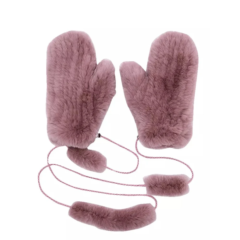 Women\'s Winter Real Rex Rabbit Fur Gloves Warm Thick Ladies Fur Mittens Elastic Girls Ski Glove Mitts Elastic Soft With String