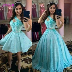 Vestidos de quinceañera con Apliques de encaje de un hombro, sobrefalda desmontable 2 en 1, flores 3D, Vestido corto de fiesta de graduación 16, niña dulce