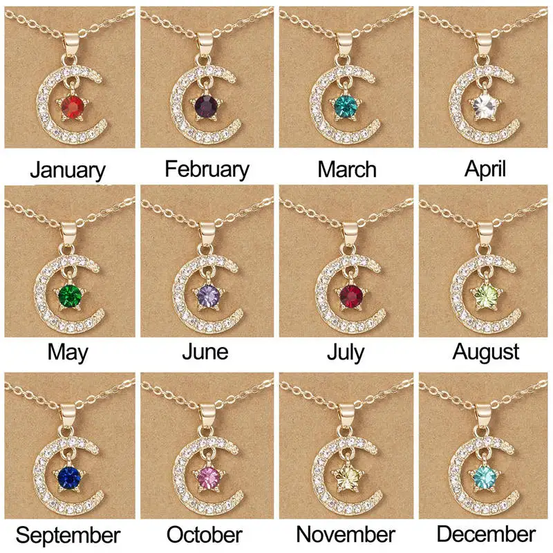 Women Birthstone Pendant Necklace Moon Star Shaped Fashion Birthday Jewelry Gifts Colorful Rhinestone Clavicle Chain Choker