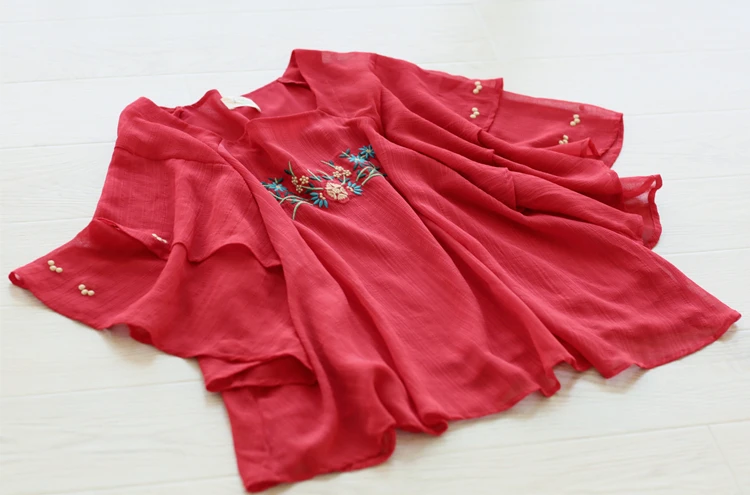 Summer Korean Sweet Kawaii Cute Red Chiffon Shirts Casual Oversize Loose Embroidery Blouses Women Clothes