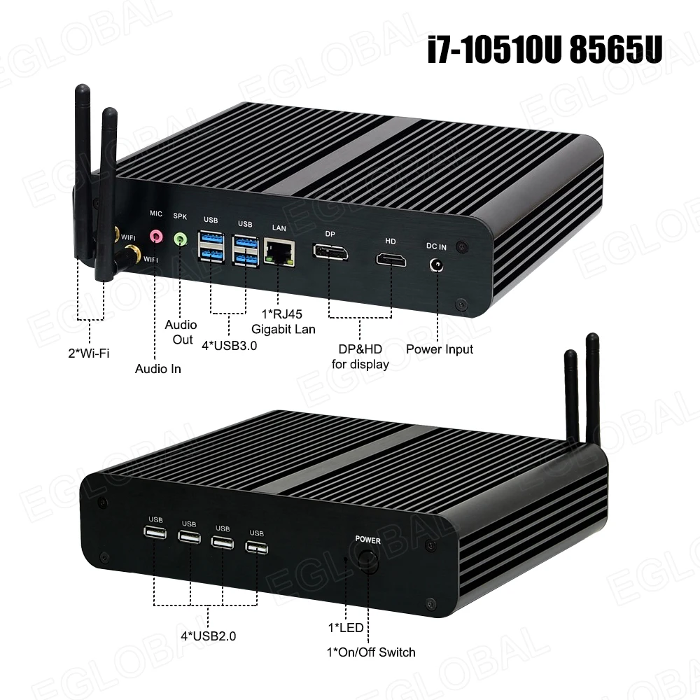 Eglobal Fanless Mini PC Intel i7-10510U 1065G7 2 * DDR4 Msata + M.2 PCIE Gamer Windows 10 Laptop Computer Komponenten VGA DP HDMI