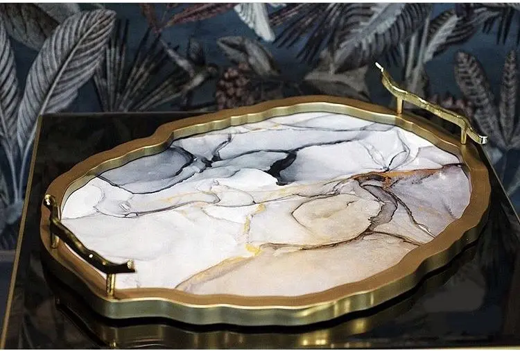 

DOLBOVI Symbol In Oval Glass Lux tray With Handles Marble Pattern White Gold tray поднос plateau de service