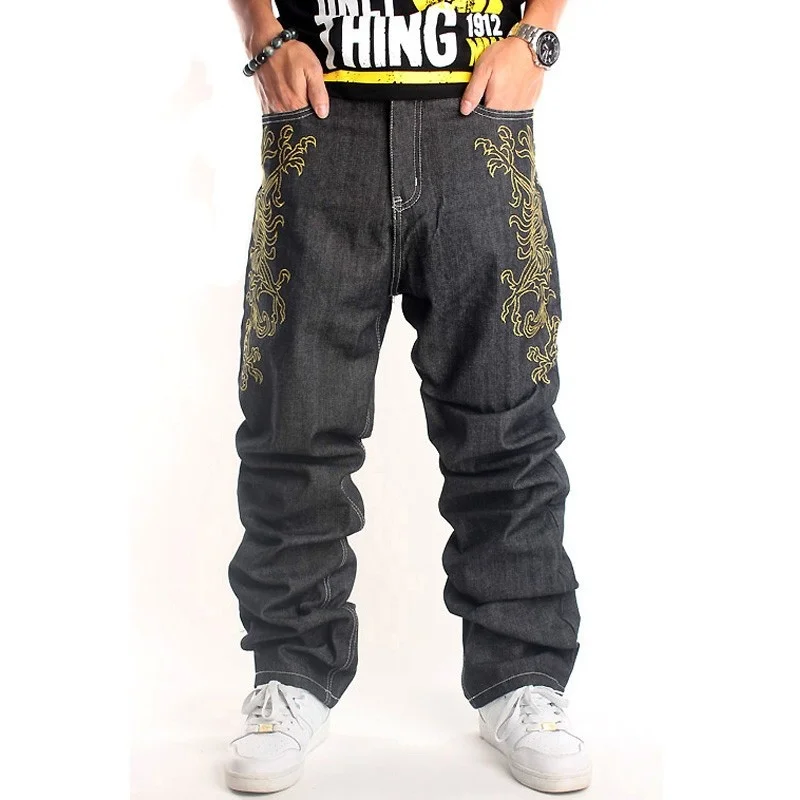 Fashion Harajuka Embroidery Full Length Straight Loose Men Denim Pants Hip Hop Style Street Dance Wear Cowboy Trousers Plus Size