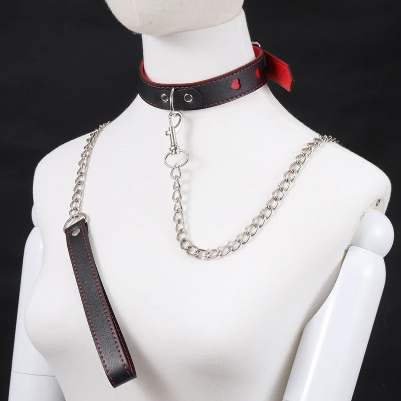 Adjustable PU Leather Chain Collar with Leash BDSM Bondage Fetishs Necklace Adult Game for Woman Neck Ring Sex Accessories Toys