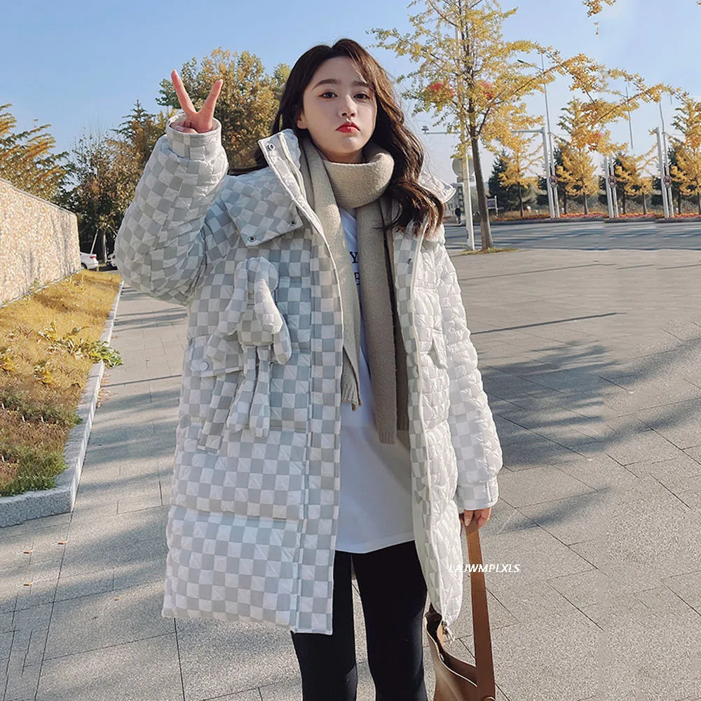 Plaid  Winter Parka Women Outwear Cotton Padded Hooded Long Loose Thick Jacket Fashion Zipper Female