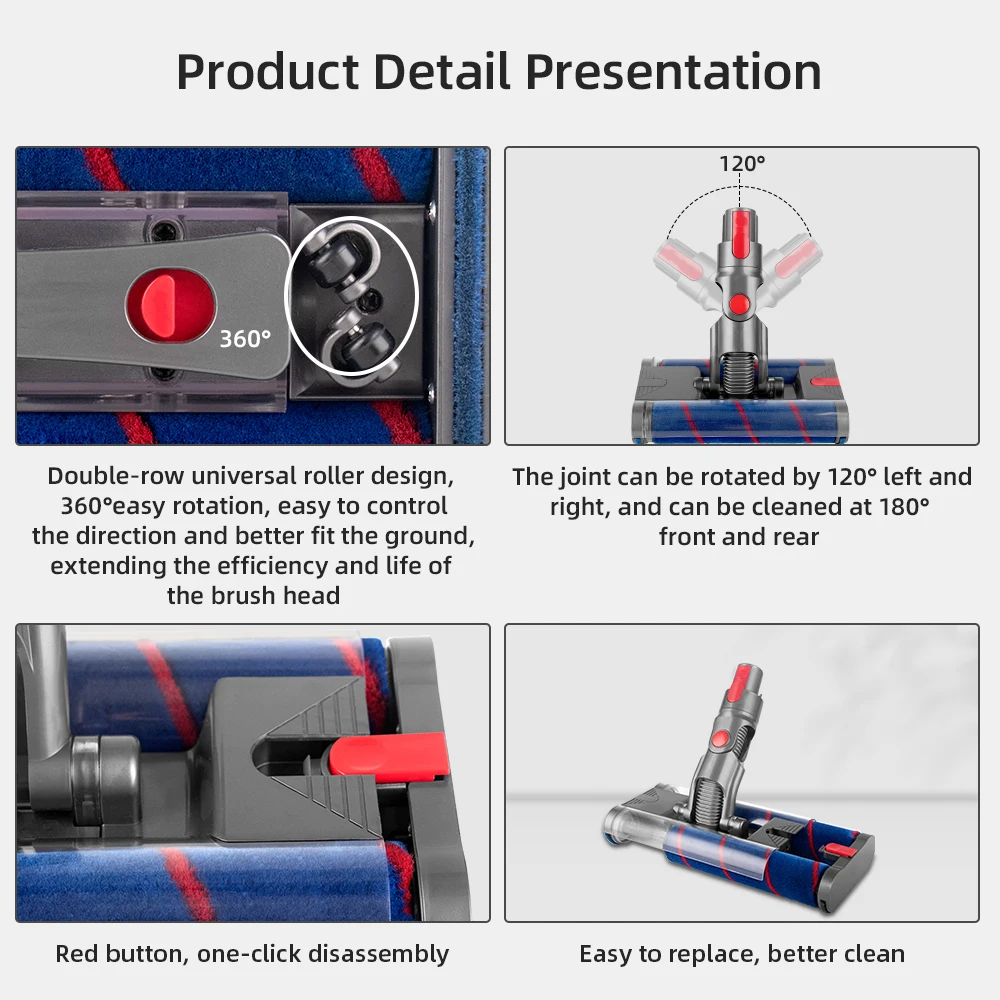 Omnidirectional Rotatable Double Soft Roller Brush for Dyson V7 V8 V10 V11 Vacuum Cleaner Parts Engineered for Hard Floors