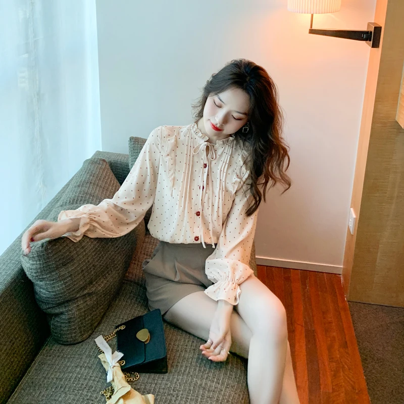 Top Femme 2021 Spring New Wave Dot Shirt Korean Fashion Women's Chiffon Shirt Top Lace Stand Collar Bow Petal Sleeve Blouses