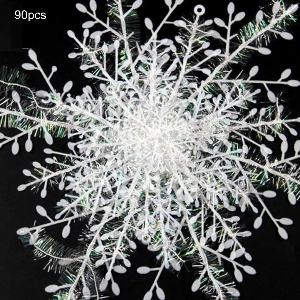 90Pcs/set Snowflake Decorations 3 Sizes White Christmas Hanging Ornaments Garland Acrylic For Home Christmas Holiday Party