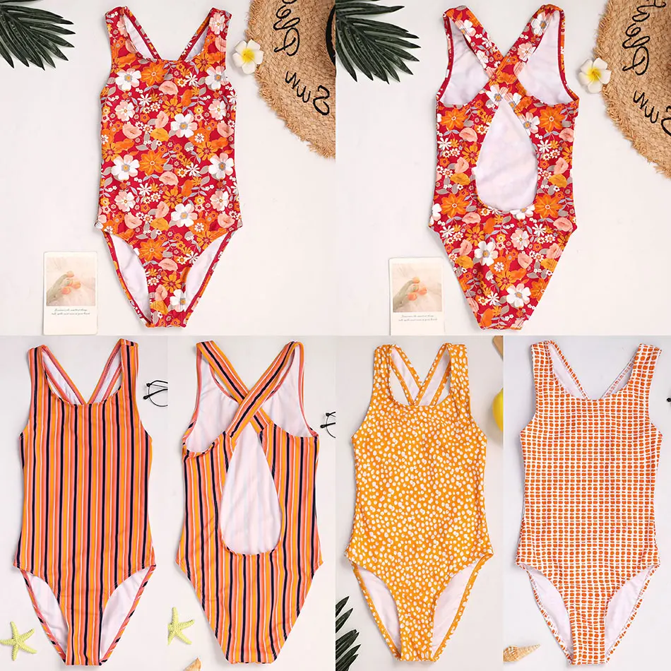 Floral Girls One Piece Swimsuit Kids 7-16 Years Retro Vintage Children's Swimwear Striped Girls Bathing Suit Monokini Cross Back