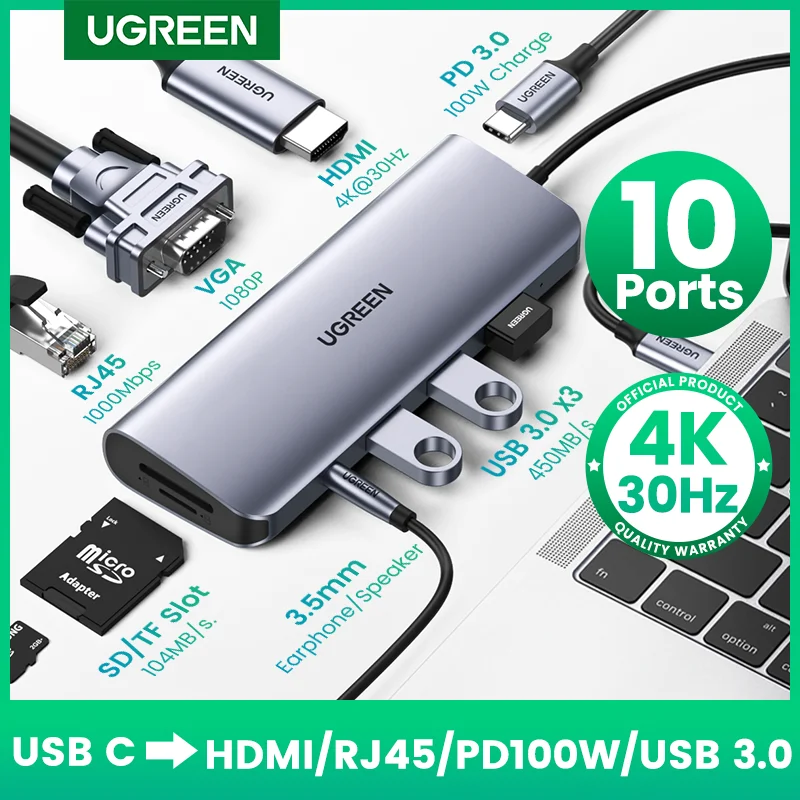 

USB-концентратор UGREEN 10 в 1, USB Type-C/HDMI, 4K, USB 3,0, VGA, PD, 3,5 мм, полнофункциональный концентратор для MacBook/Pro/Air, iPad Pro