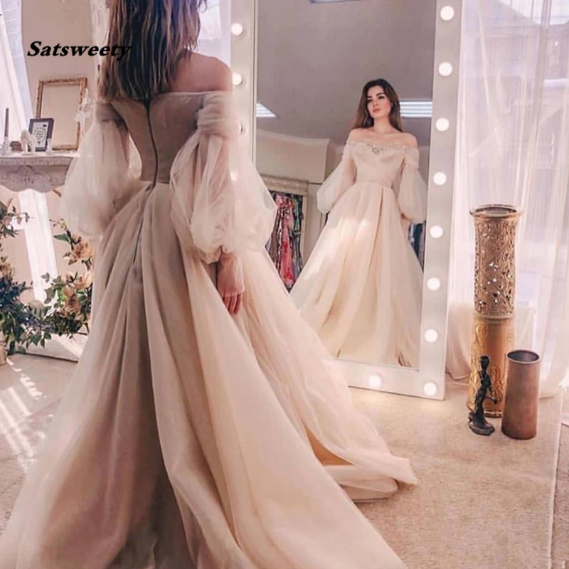 

Ivory Evening Gowns Satsweety Organza Off the Shoulder Long Sleeves Formal Dress Robe De Soiree Abiye Prom Dresses