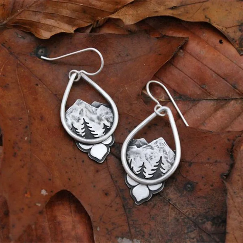 Fashion retro earrings water drop alpine forest tree earrings silver mountain and pine pendant creative jewelry for women