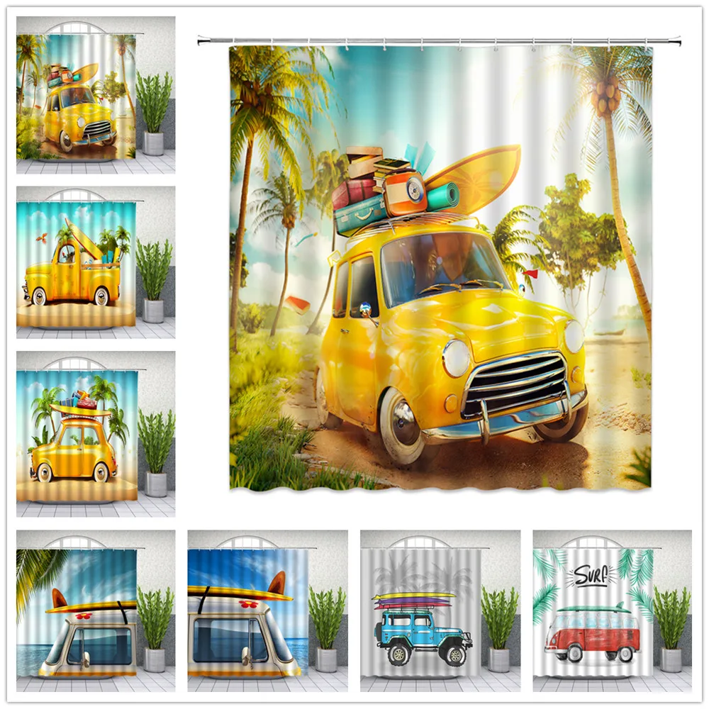 Summer Beach Car Shower Curtains Ocean Landscape Vacation Surfing Bathroom Decor Home Bath Bathtub Polyester Fabric Curtain Set