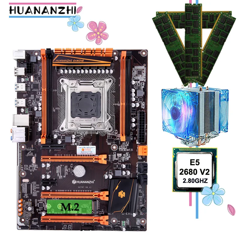 Brand motherboard on sale HUANANZHI deluxe X79 motherboard with M.2 CPU Xeon E5 2680 V2 with cooler RAM 64G(4*16G) 1600 REG ECC