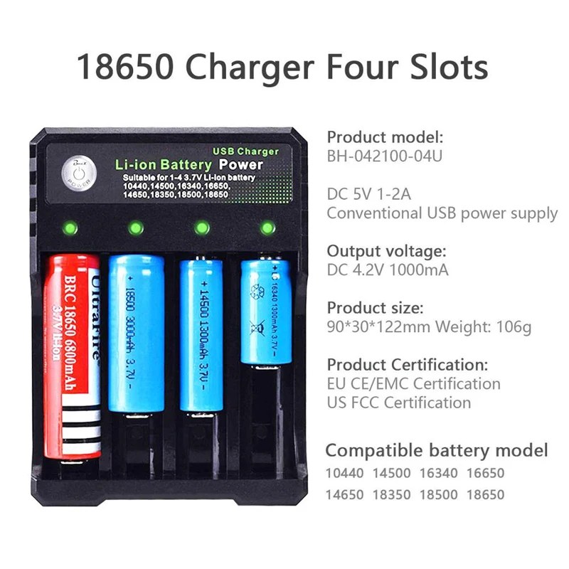 4 Slot Battery Charger for Rechargeable Batteries 3.7V Li-ion 18650 14500 16340 10440 Universal Multi-function USB Charger