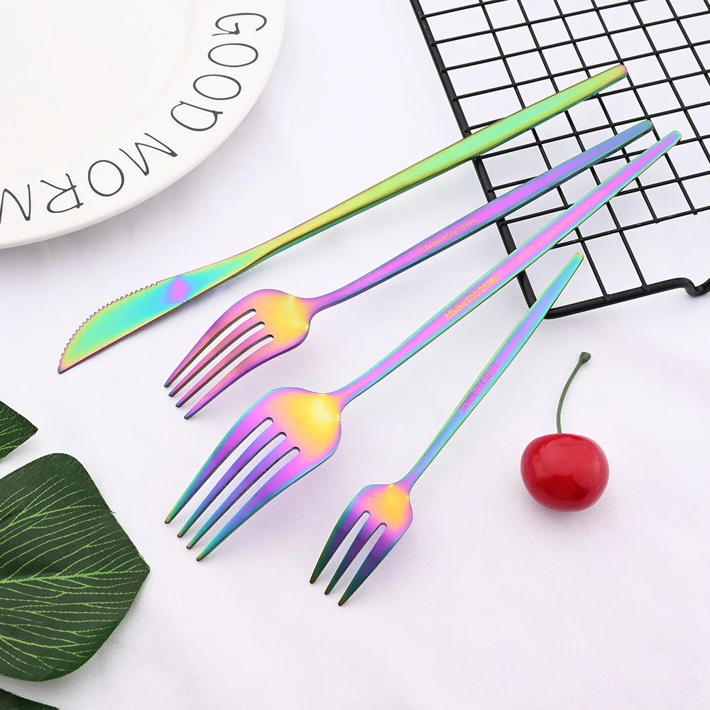 Matte Rainbow Tableware Cutlery Set Stainless Steel Dinnerware Dinner Party Silverware Fork Spoon Knife Fruit Fork Flatware Set