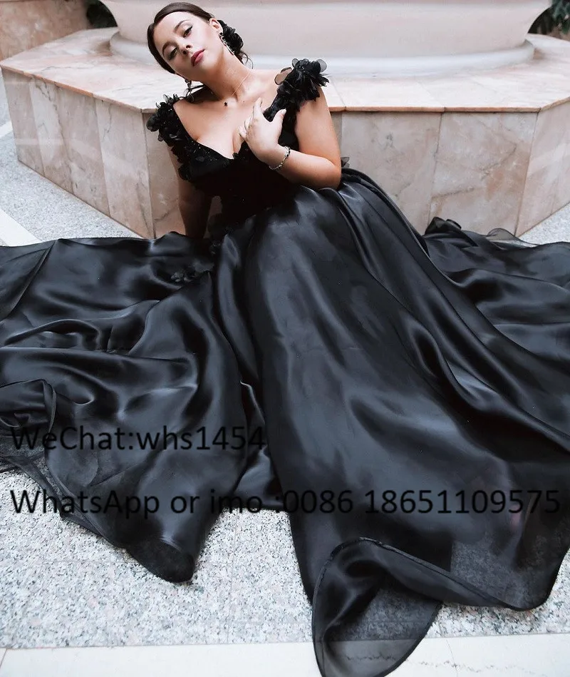 Elegant Black A-Line ชุดพรหมสำหรับผู้หญิง2023ปรับแต่งยาวเซ็กซี่ V-Neck Organza ชุดราตรีดอกไม้ Vestido De Festa