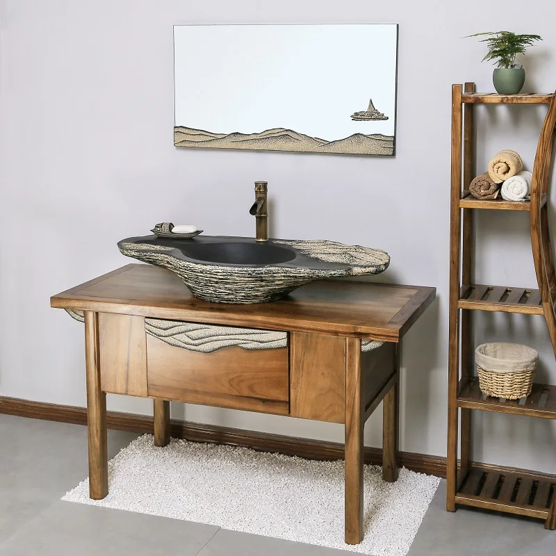 

Modern Chinese Style Wash Basin Table Basin Hotel Bathroom Vintage Creative Art Solid Wood Hand Washing Cabinet Combination