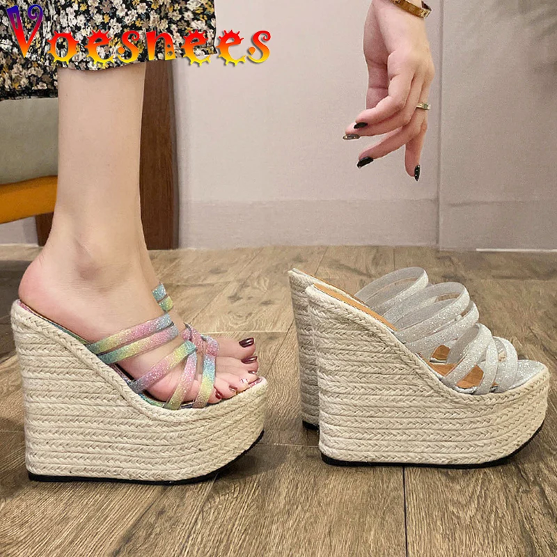 Straw Hemp Rope Bottom Sandals Korean Style Bling Rainbow Platform Slides Walk Show Wedges Women Shoes Sweet Wedding High Heels