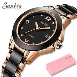 SUNKTA-Reloj de pulsera de cuarzo para mujer, accesorio de marca de lujo, brazalete de diamante resistente al agua, relojes de estilo femenino