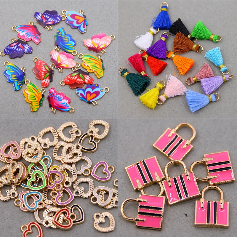 50Pcs Butterfly love lock tassel Round Enamel Charms Mini Sweet Heart Charms For DIY Necklaces Bracelets JewelryAccessories