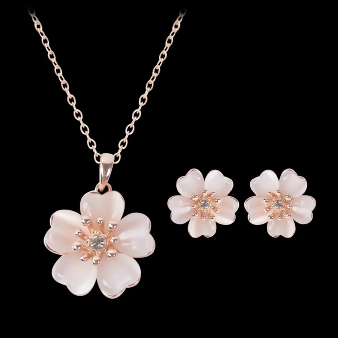 Elegant Cherry Blossom Flower Opal Pendant Necklace Earring Fashion Jewelry Set