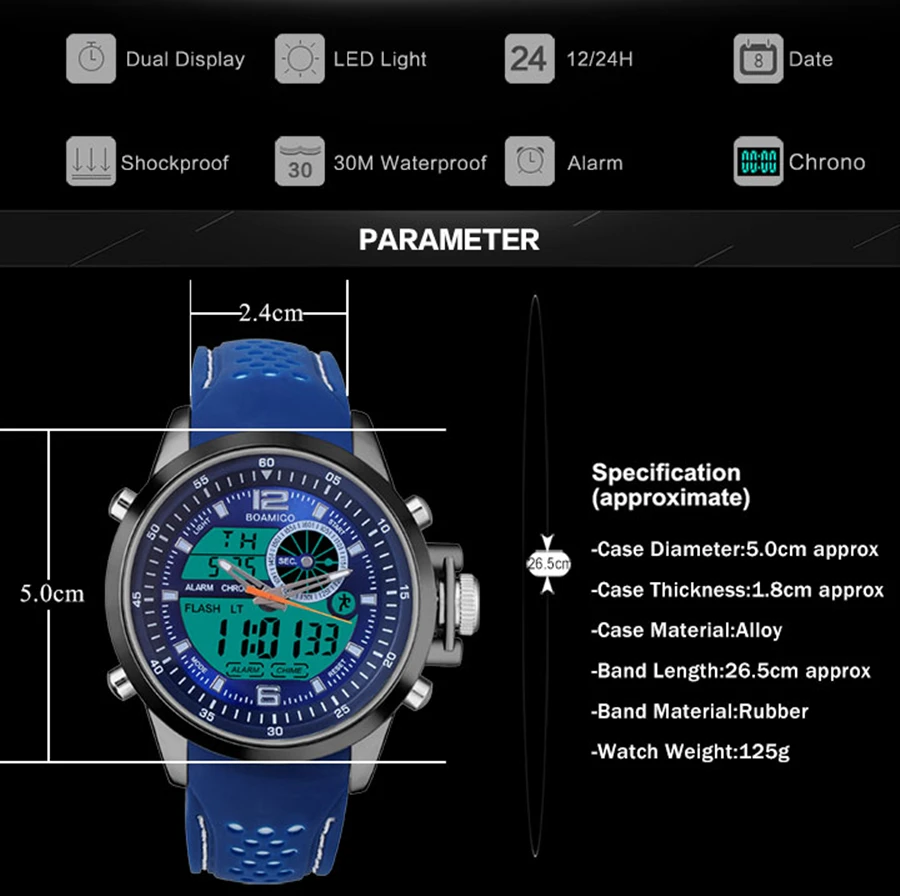 BOAMIGO ส่องสว่างนาฬิกาดิจิตอลนาฬิกาผู้ชายนาฬิกาทหาร Chronograph ควอตซ์ Analog กีฬานาฬิกาสายนาฬิกานาฬิกานาฬิกา