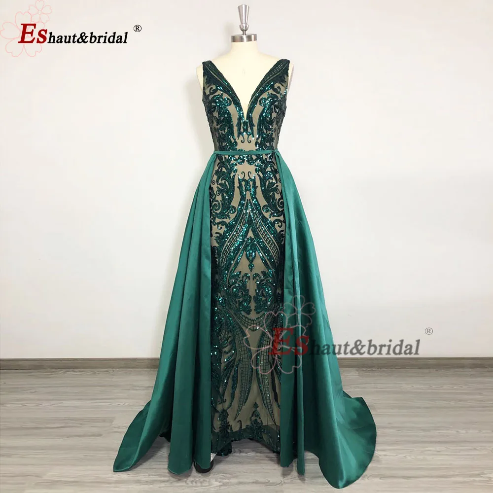 Vestido de noche elegante para mujer, sirena con lentejuelas y tren desmontable, cuello en V, vestidos formales para fiesta de graduación y boda, personalizados, 2024