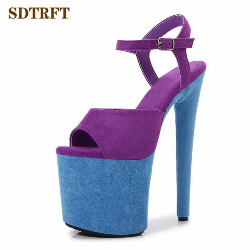 SDTRFT Multicolor Fashion Shoes Woman Platforms Pumps Open Toe 20cm Ultra Thin High Heels Platform Flock Color matching Sandals