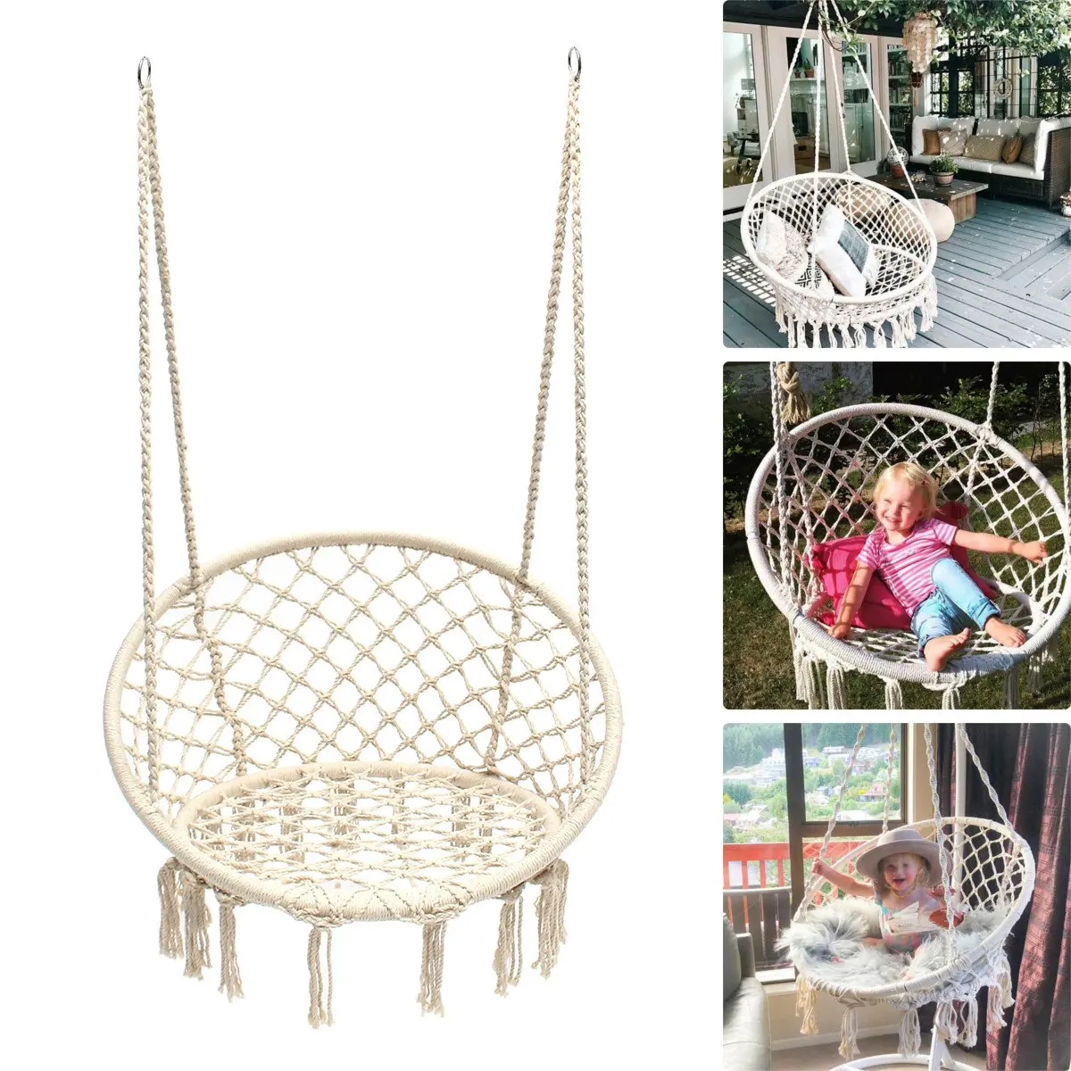 Hanging chair Cotton Rope Hammock Chair Handmade Knitted Indoor Outdoor Kids Swing Bed Swinging Camping Hammock with metal parts